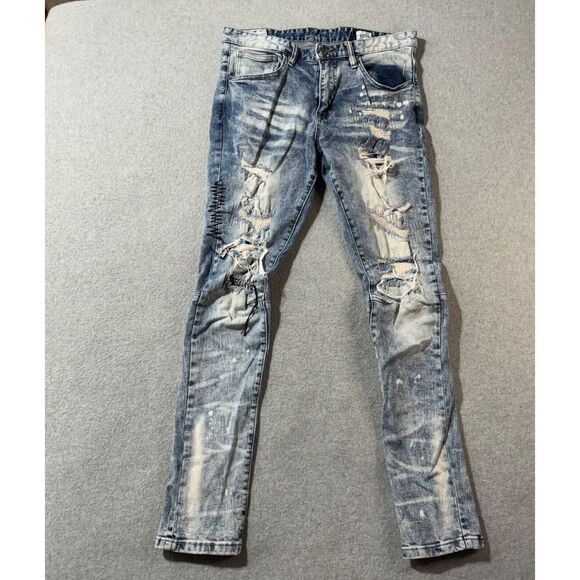 Smoke Rise Jeans Mens 32x32 Tie Die Ripped Slim Fit Distressed Washed Blue Logo - Picture 1 of 16